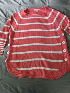 John Paul Richard Coral and White Striped Crewneck/Boa Sweater with Side Buttons